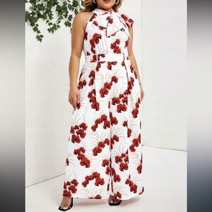 Floral Wide-Leg Women's Pants - Red and White